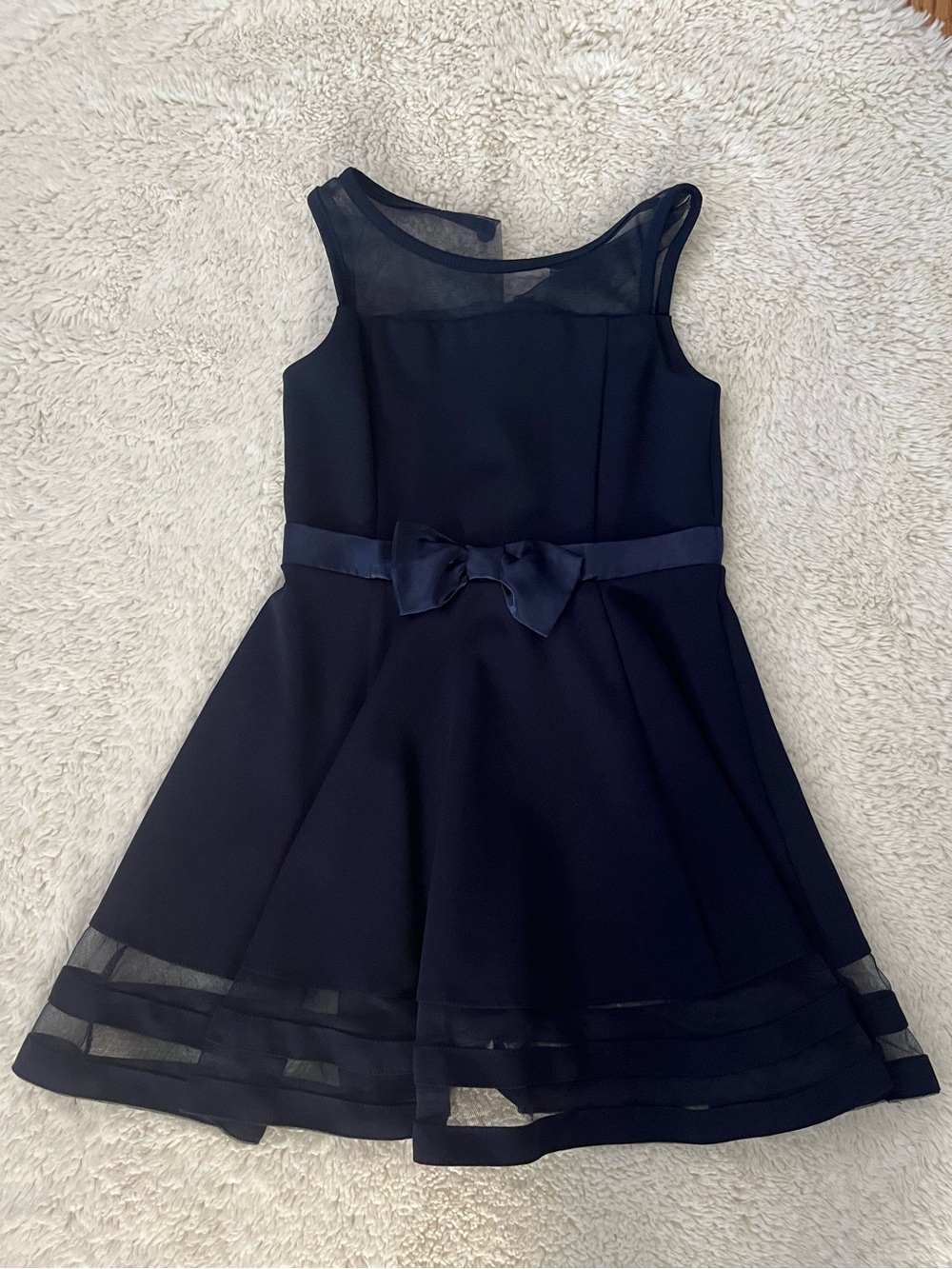 Calvin Klein Girls Navy Bow-Accent Mesh Trim Dress Sz 7